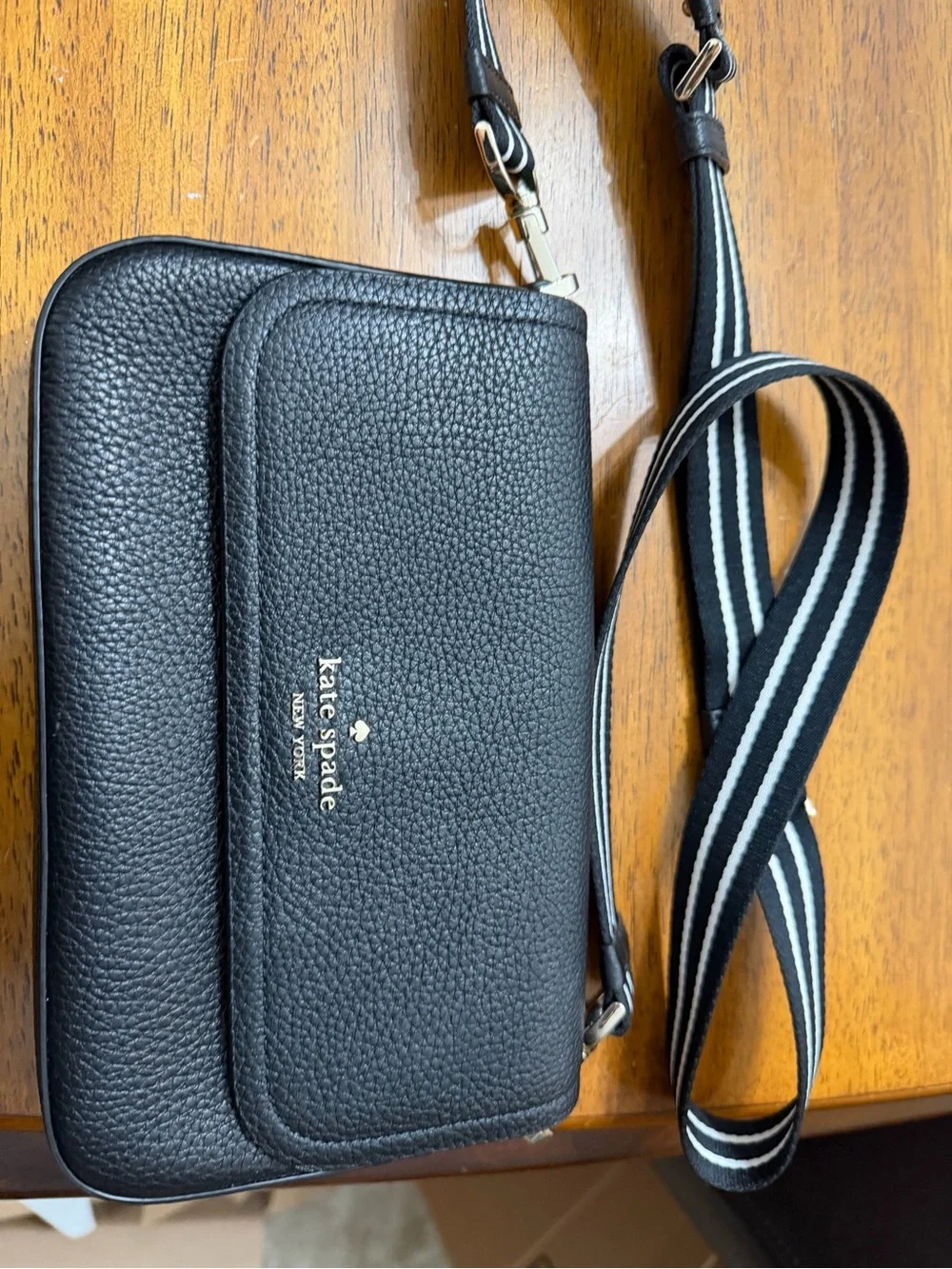 kate spade Black Pebbled Leather Crossbody with Striped Webbing Strap